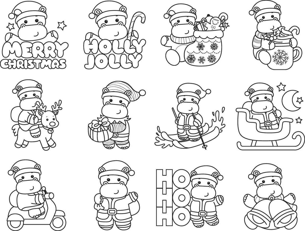 Outline of santa hippo in the variation of christmas costume. Coloring pages of cute hippo icon. vector