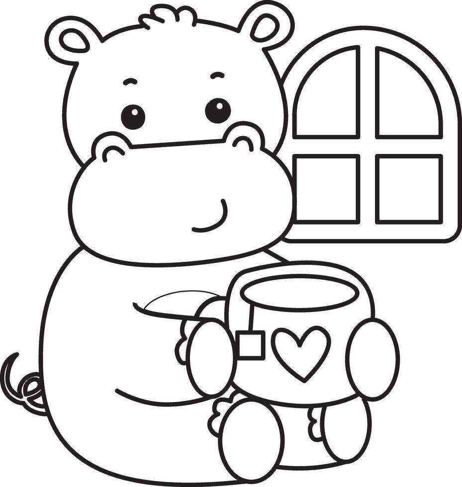 Outline of hippo drinking a hot tea. Coloring pages of cute hippo icon. vector