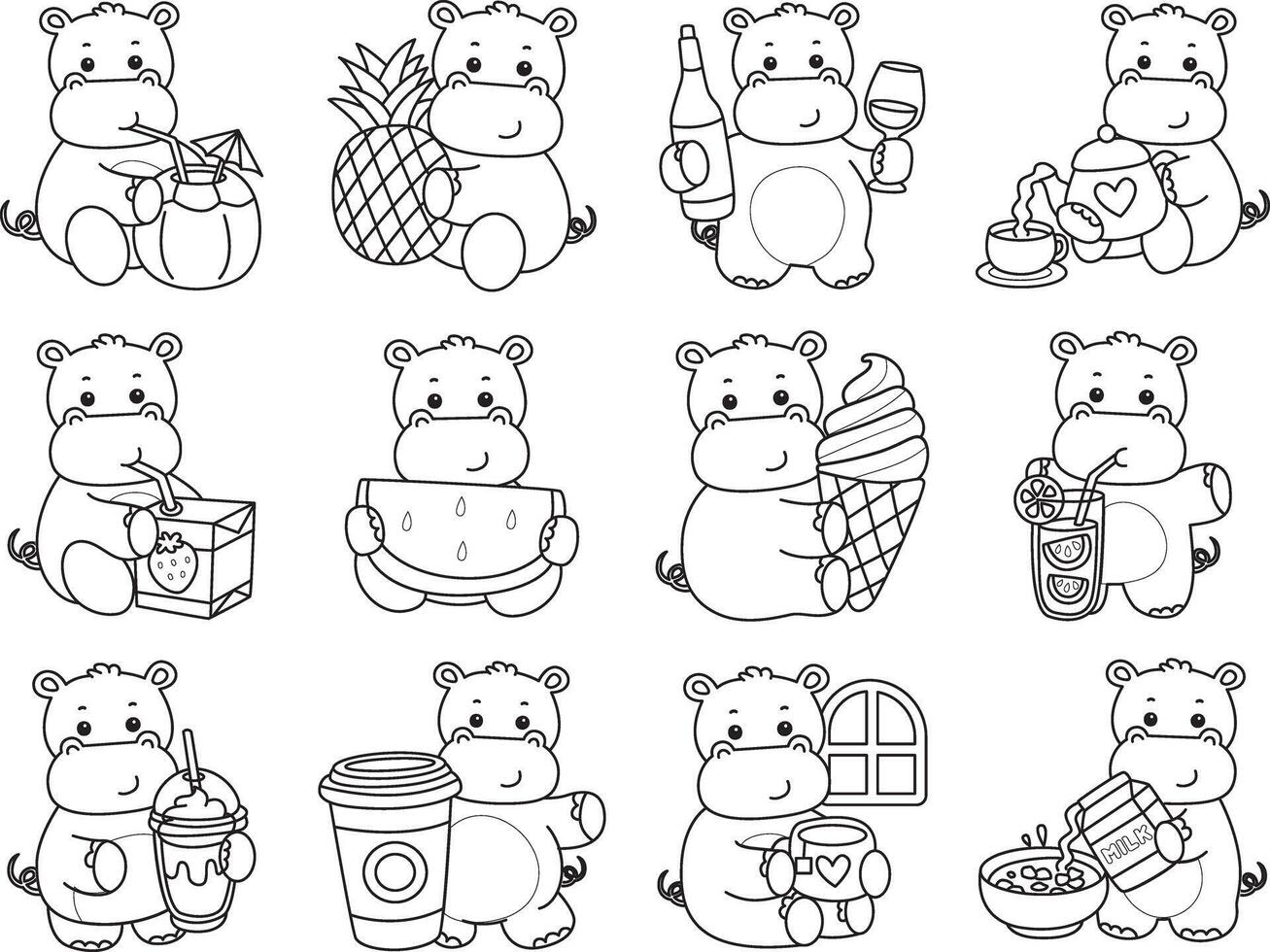 Outline of hippo in the variation of drink and beverage. Coloring pages of cute hippo icon. vector