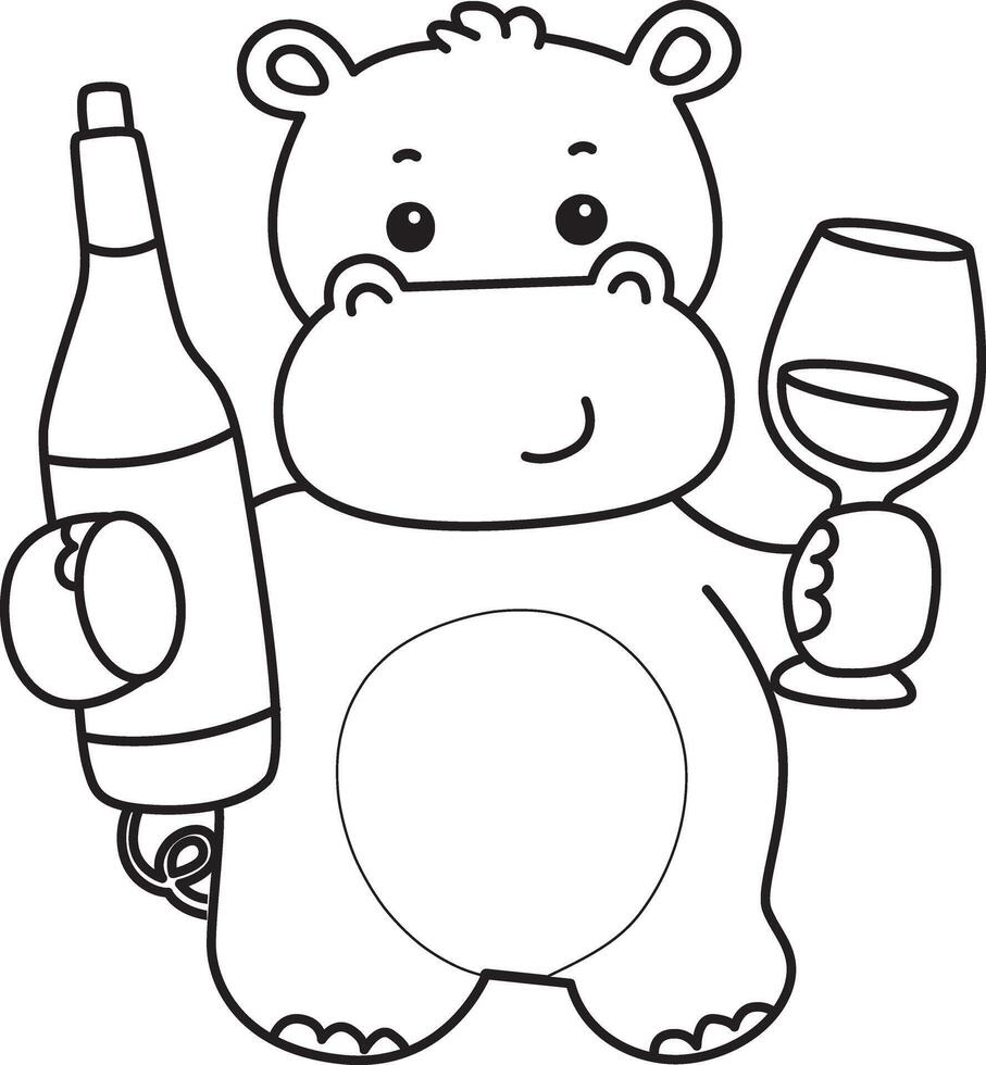 Outline of hippo drinking a wine. Coloring pages of cute hippo icon. vector