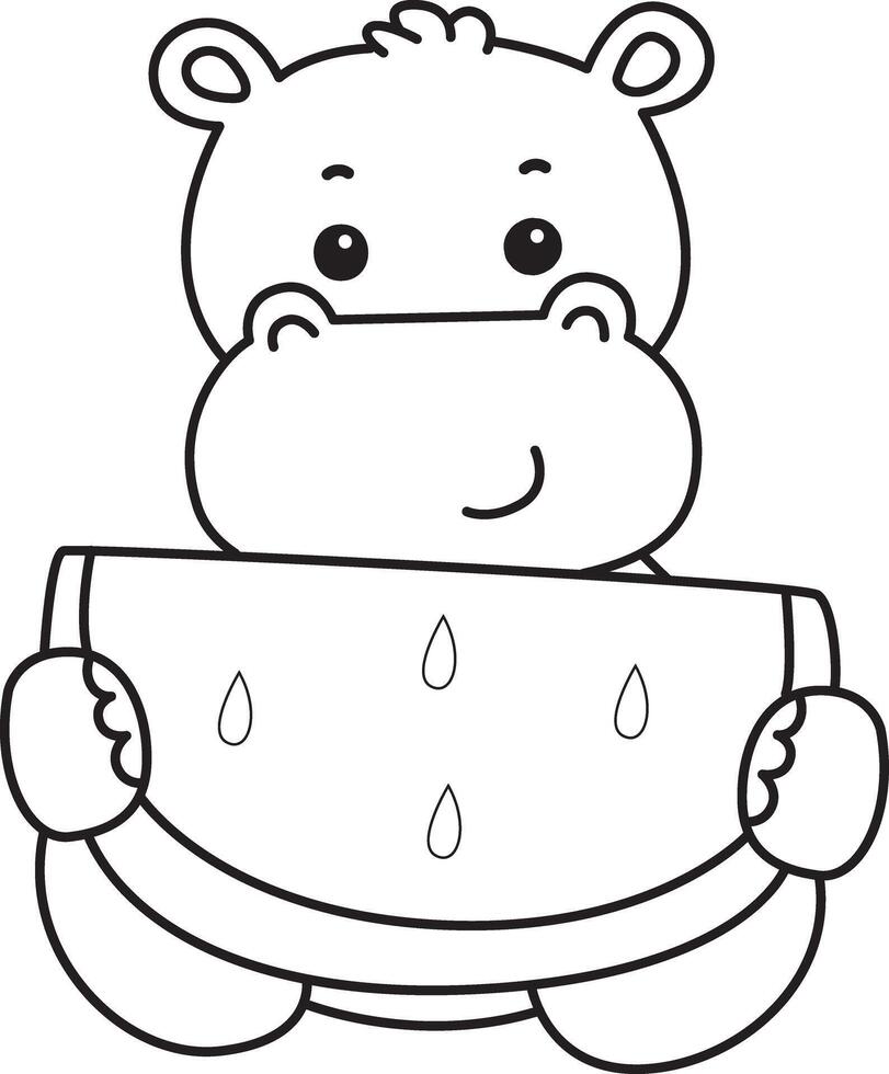 Outline of hippo bring a watermelon. Coloring pages of cute hippo icon. vector