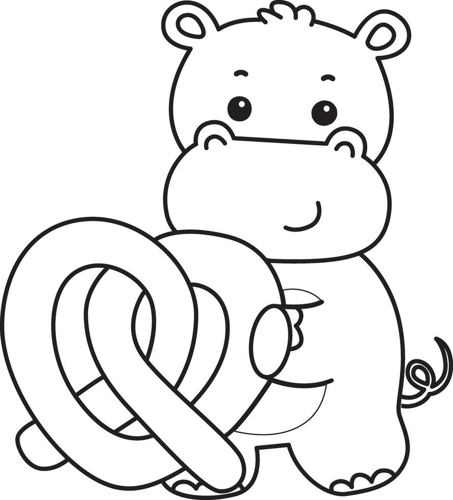 Outline of hippo bring a waffle. Coloring pages of cute hippo icon. vector