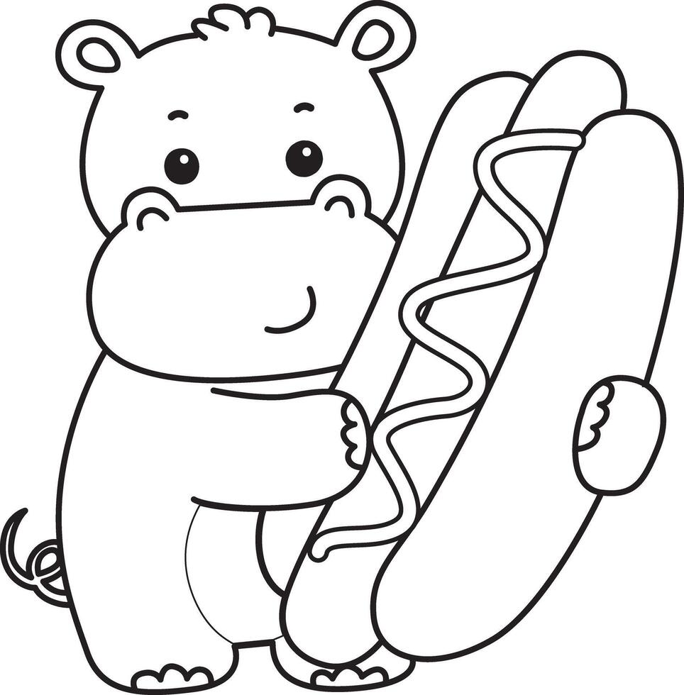 Outline of hippo bring a hot dog. Coloring pages of cute hippo icon. vector