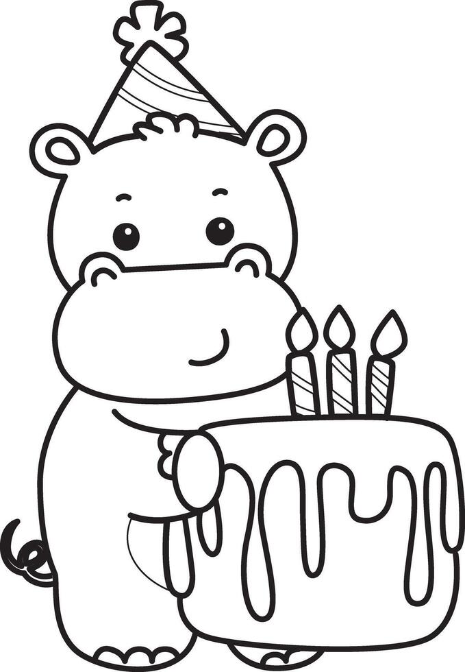 Outline of hippo bring a birthday cake. Coloring pages of cute hippo icon. vector