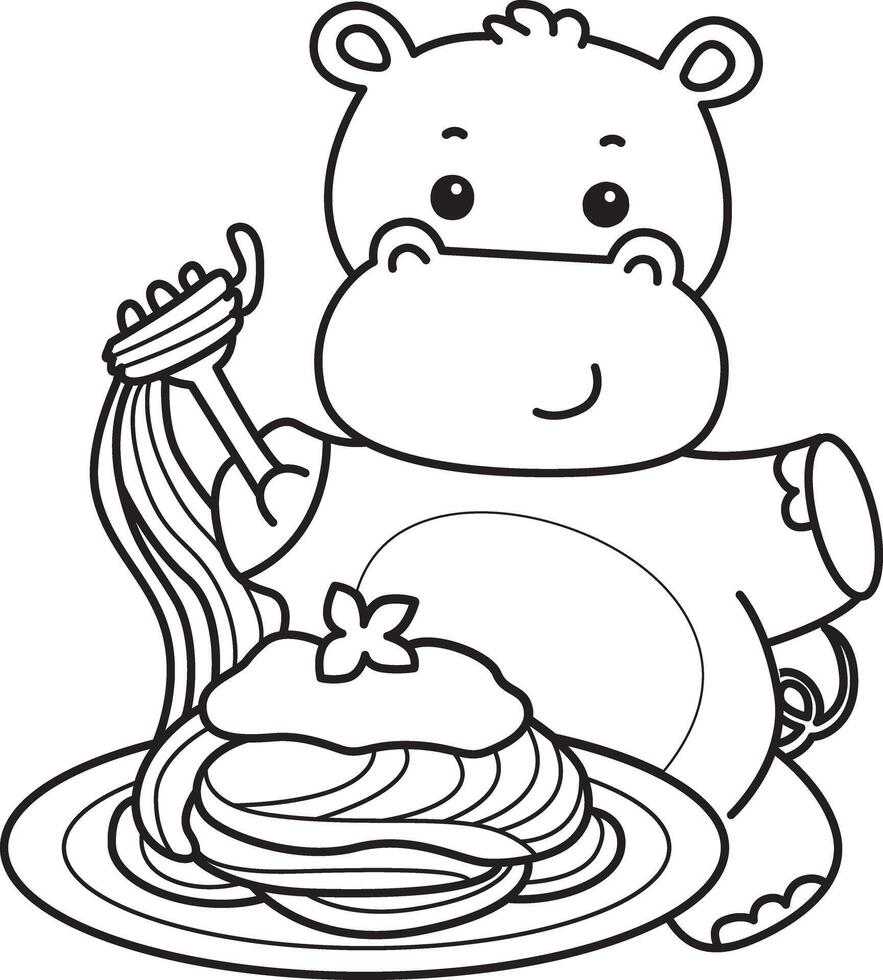 Outline of hippo want to eating spaghetti. Coloring pages of cute hippo icon. vector
