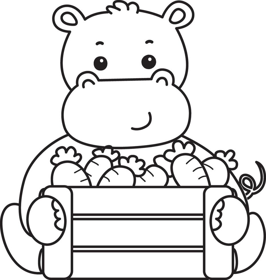 Outline of hippo bring a carrots. Coloring pages of cute hippo icon. vector