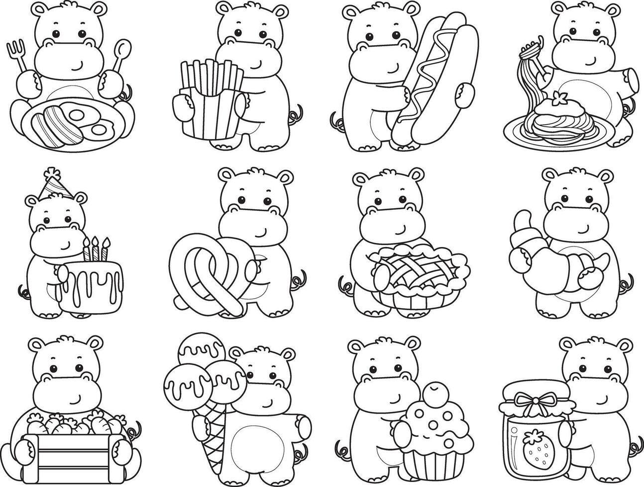 Outline of hippo with variation of junk food and snack. Coloring pages of cute hippo icon. vector