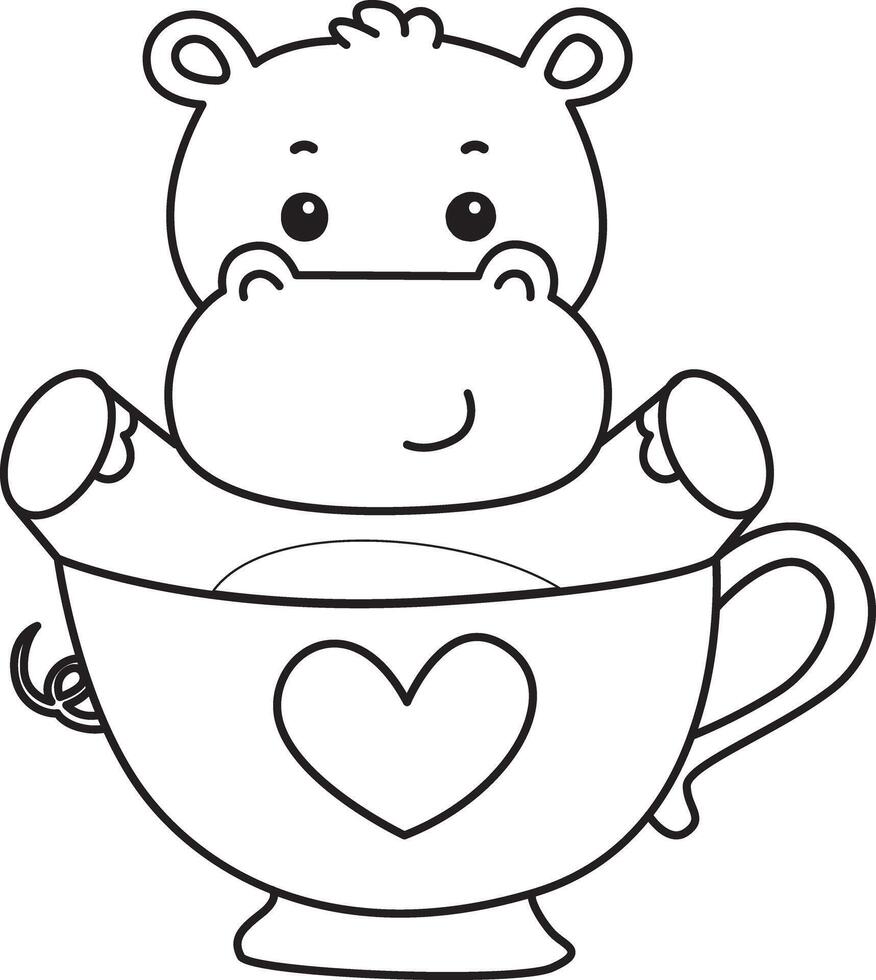 Outline of hippo stuck in the cup of tea. Coloring pages of cute hippo icon. vector