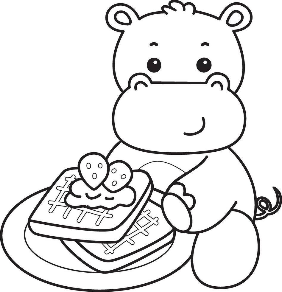 Outline of hippo bring a strawberry bread. Coloring pages of cute hippo icon. vector