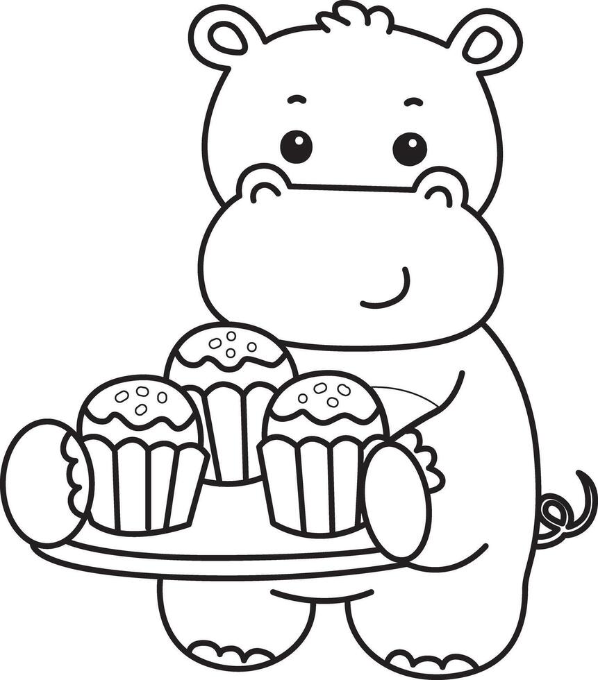 Outline of hippo bring a three of cupcakes. Coloring pages of cute hippo icon. vector