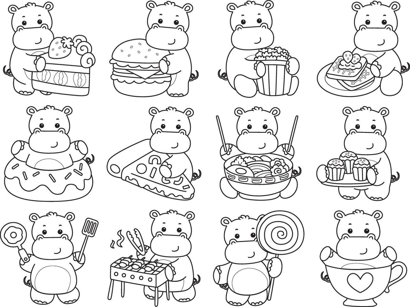 Outline of hippo in the variation of fast food and dessert. Coloring pages of cute hippo icon. vector