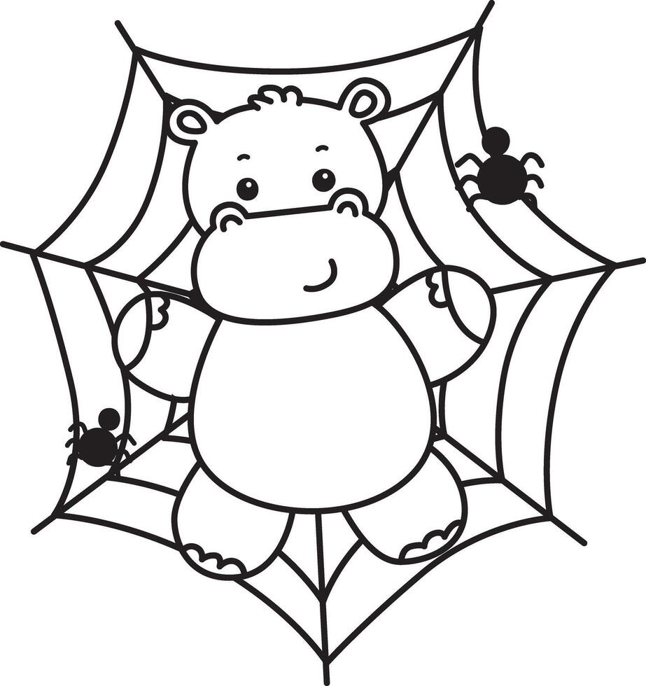 Outline of hippo stuck in the spider web. Coloring pages of cute hippo icon. vector