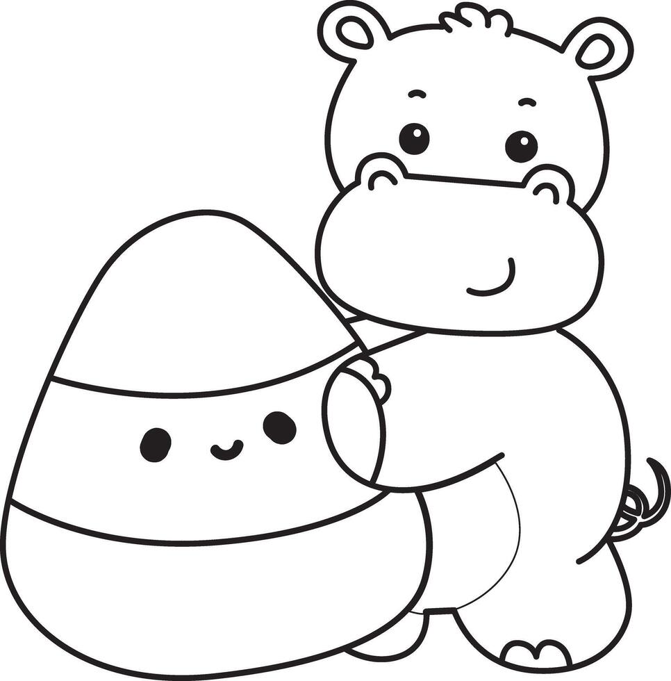 Outline of hippo bring a yellow candy. Coloring pages of cute hippo icon. vector