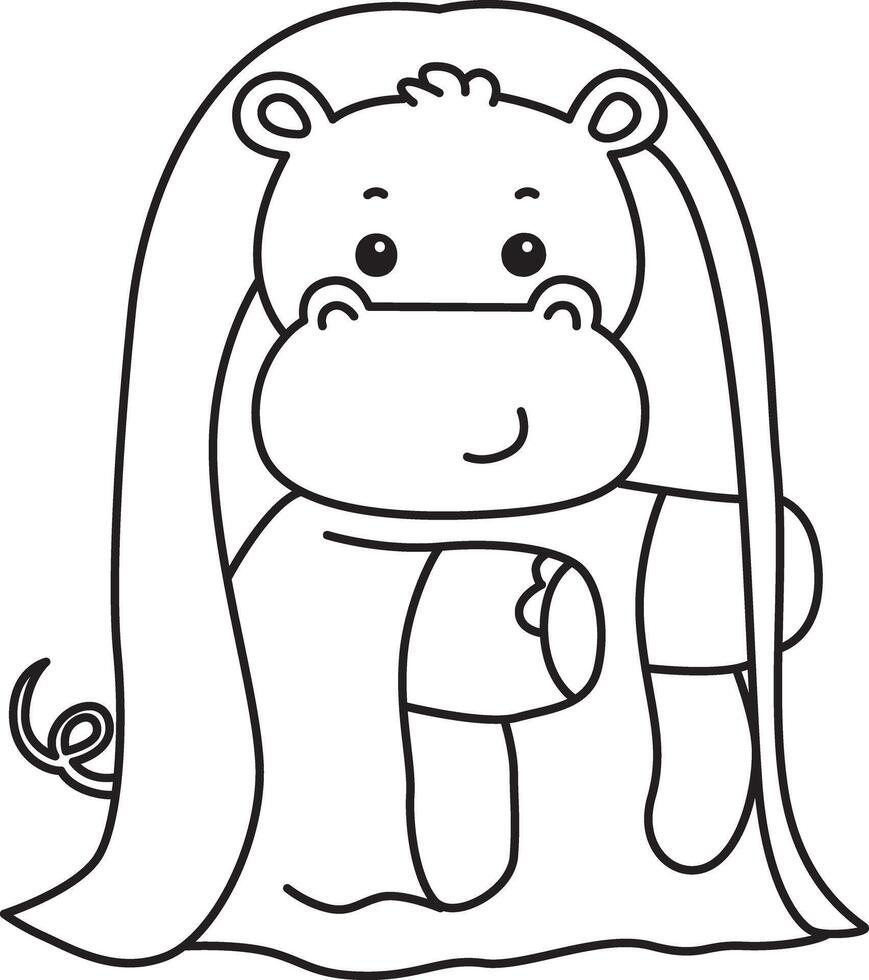 Outline of hippo wearing a long hair and white ghost costume. Coloring pages of cute hippo icon. vector