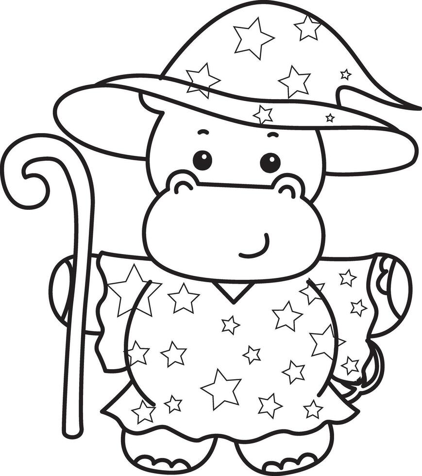 Outline of hippo like a magician. Coloring pages of cute hippo icon. vector