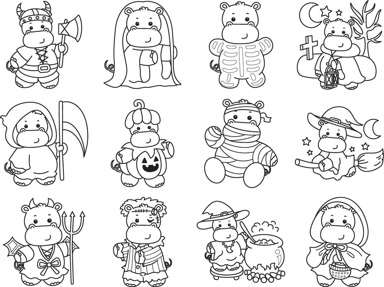 Outline of hippo in the variation of halloween party. Coloring pages of cute hippo icon. vector