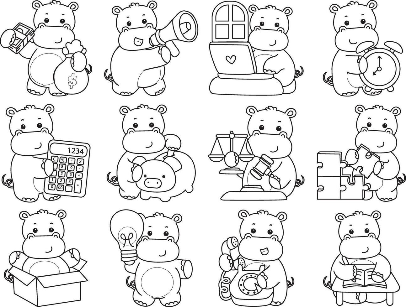 Outline of hippo in the variation of money and finance. Coloring pages of cute hippo icon. vector
