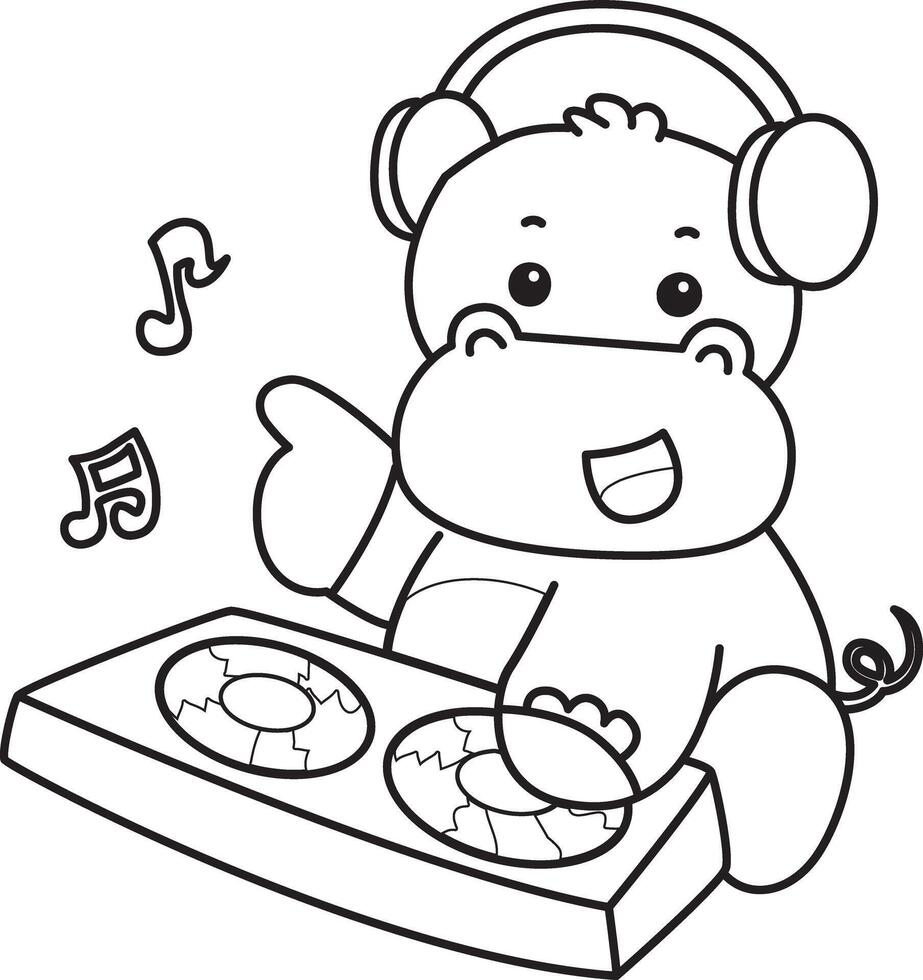 Outline of hippo playing a disc in the pub. Coloring pages of cute hippo icon. vector