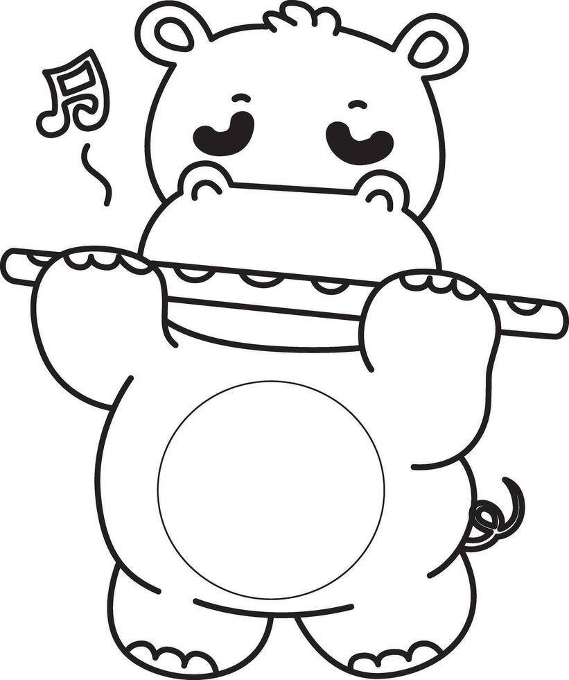 Outline of hippo playing a flute. Coloring pages of cute hippo icon. vector