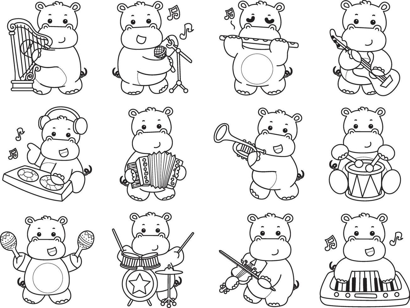 Outline of hippo in the variation of music and instrument. Coloring pages of cute hippo icon. vector