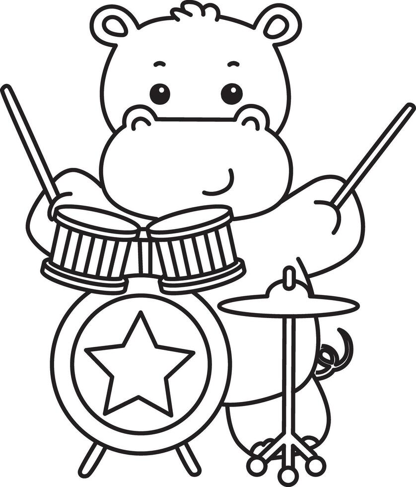 Outline of hippo playing a drum in the band. Coloring pages of cute hippo icon. vector