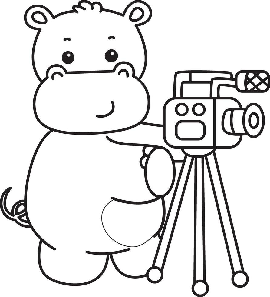 Outline of hippo making content with camera. Coloring pages of cute hippo icon. vector