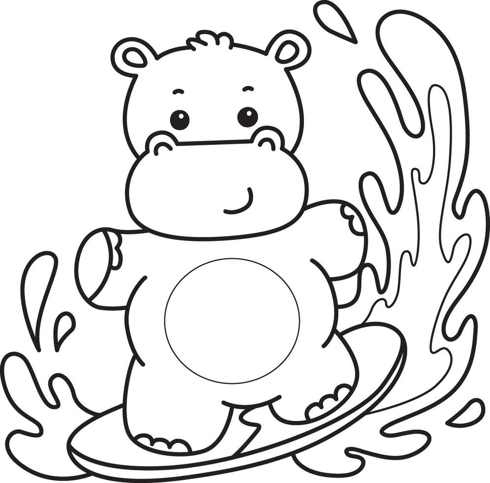 Outline of hippo playing a surfing. Coloring pages of cute hippo icon. vector