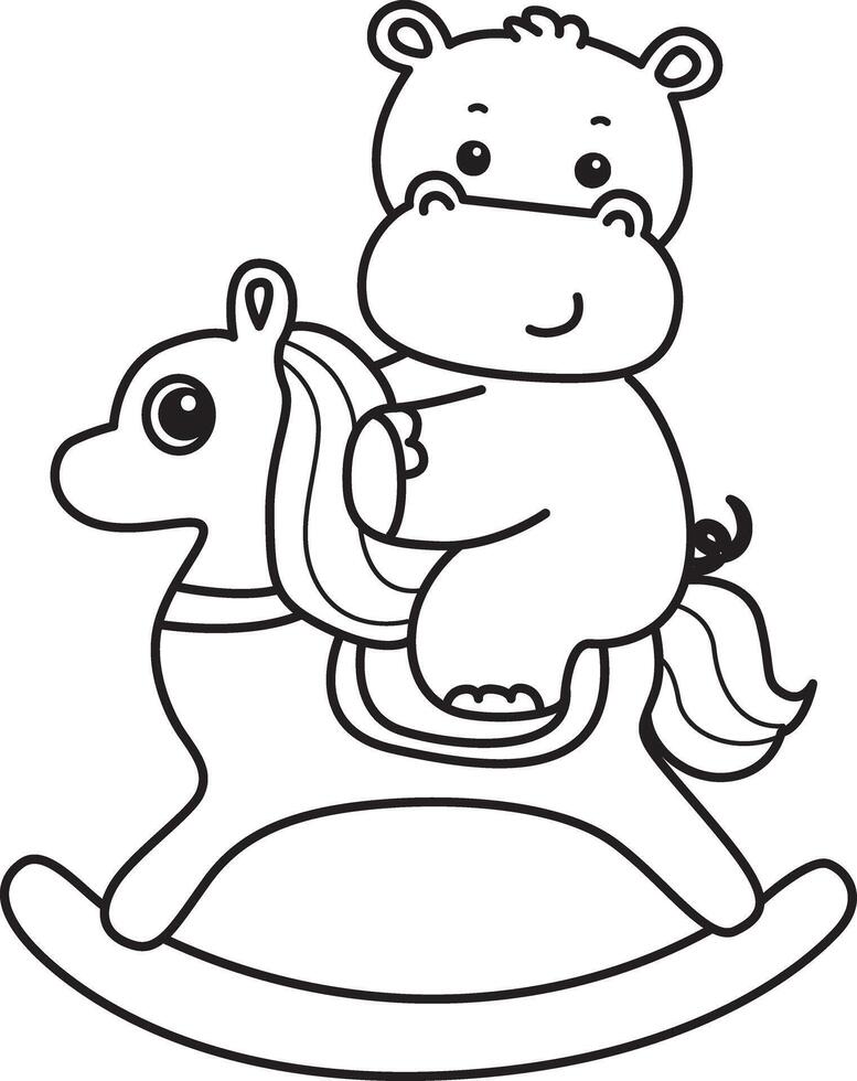 Outline of hippo riding a rocky horse. Coloring pages of cute hippo icon. vector