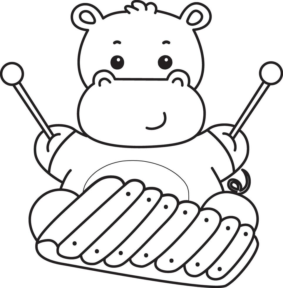Outline of hippo playing a xylophone. Coloring pages of cute hippo icon. vector