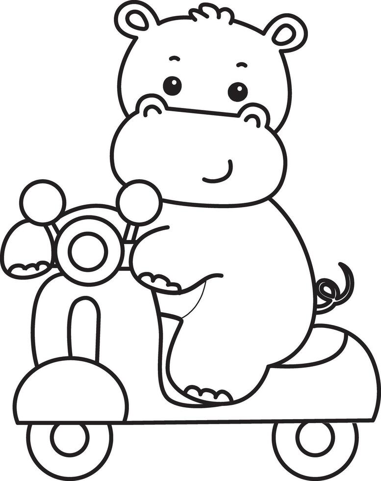 Outline of hippo driving a scooter. Coloring pages of cute hippo icon. vector