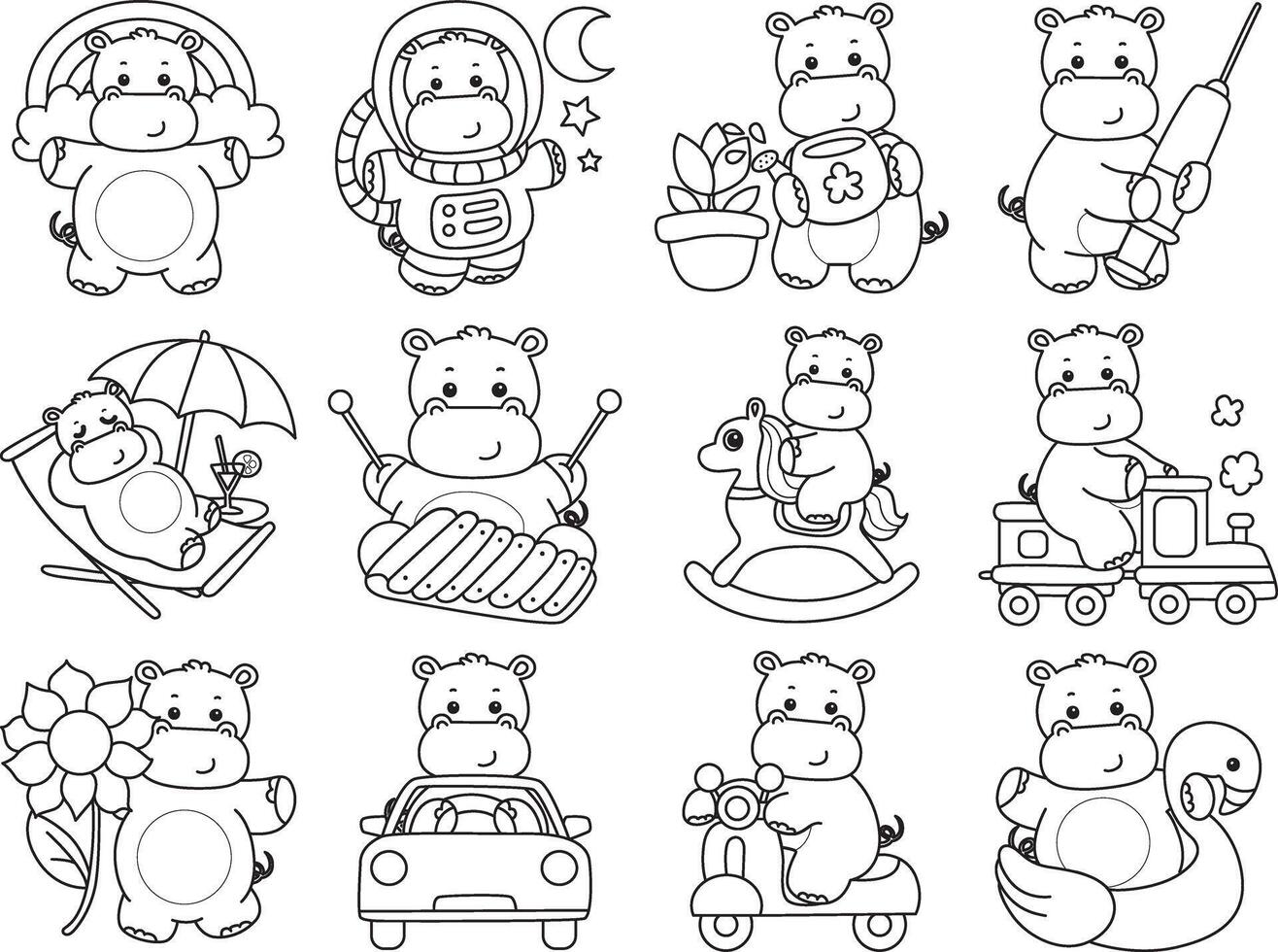 Outline of hippo in the variation of daily life. Coloring pages of cute hippo icon. vector