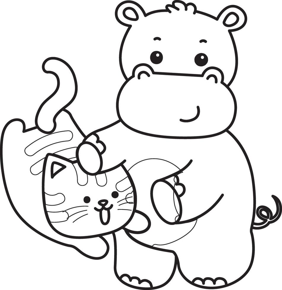 Outline of hippo playing with kitten. Coloring pages of cute hippo icon. vector
