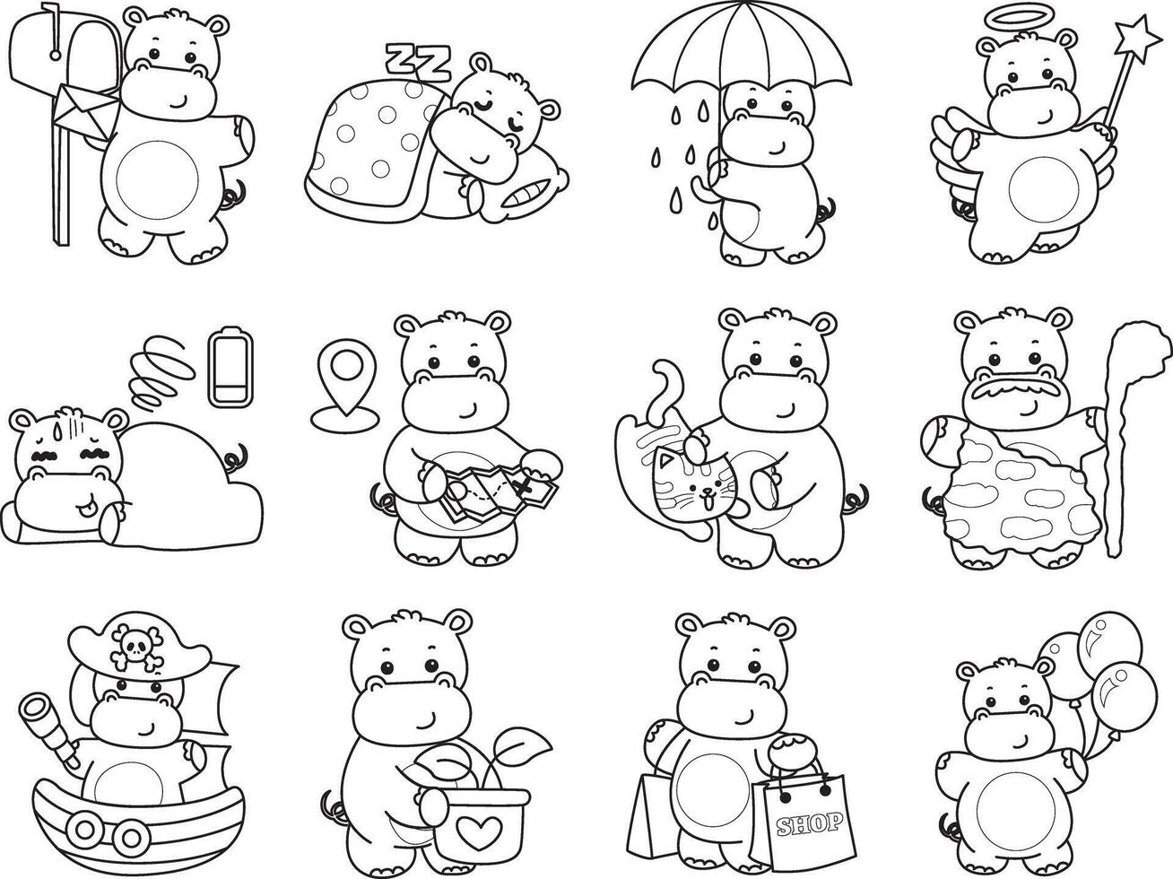 Outline of hippo with variation of daily life. Coloring pages of cute hippo icon. vector