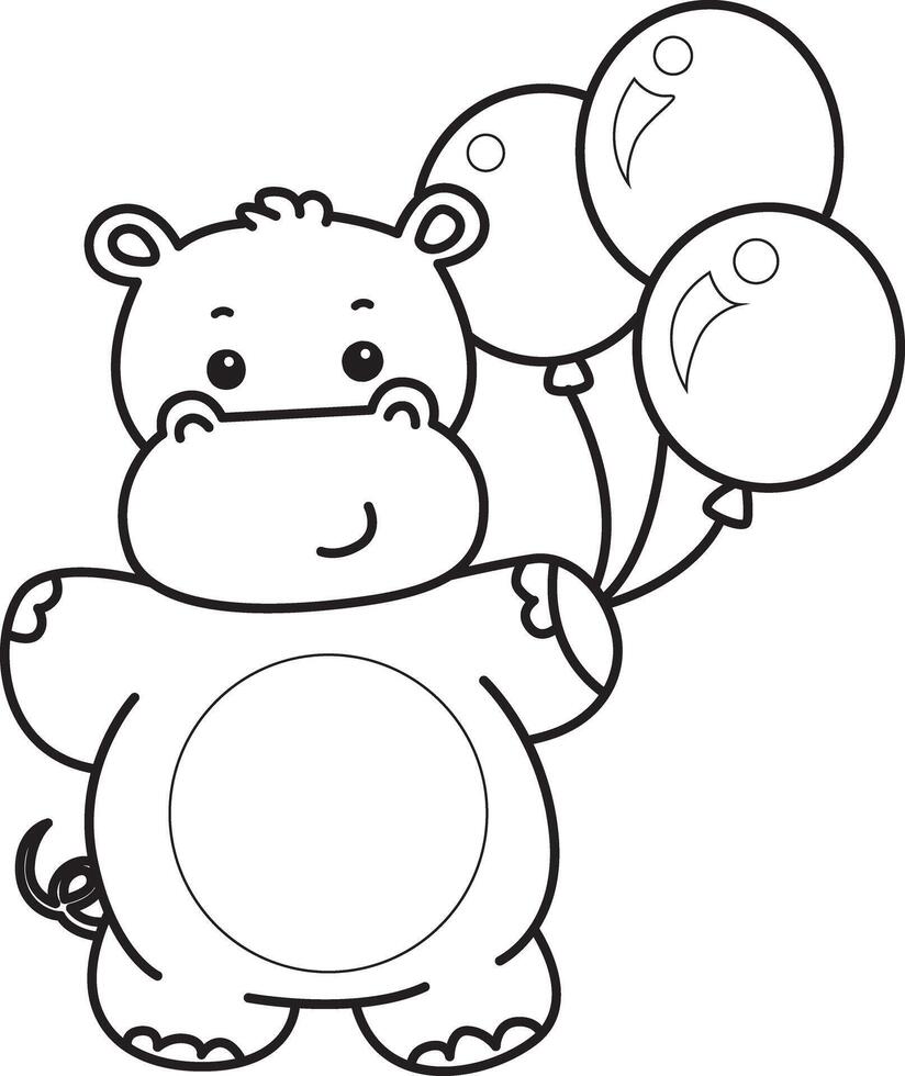 Outline of hippo bring a three of balloons. Coloring pages of cute hippo icon. vector