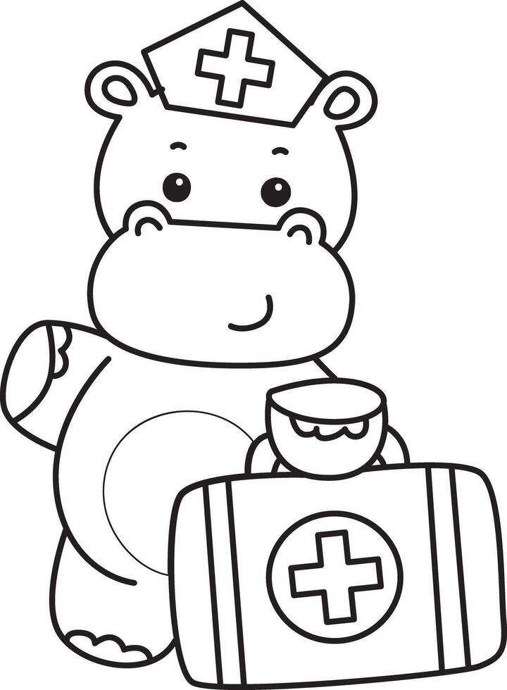 Outline of hippo bring a first aid kit. Coloring pages of cute hippo icon. vector