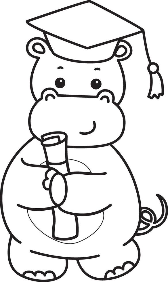 Outline of hippo was graduation. Coloring pages of cute hippo icon. vector