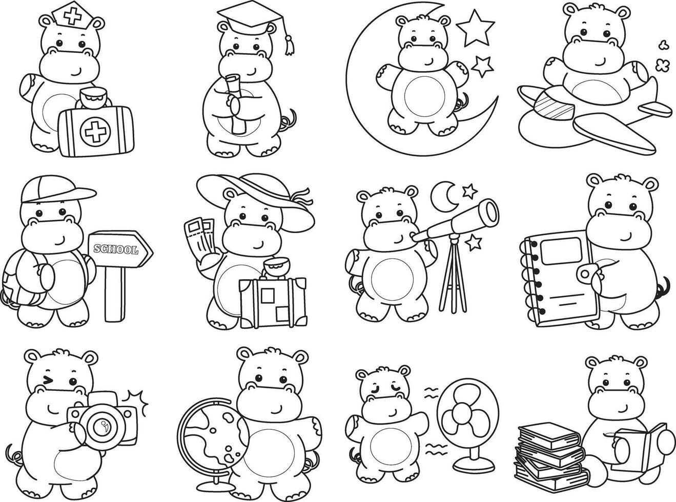 Outline of hippo in the variation of smart and education. Coloring pages of cute hippo icon. vector