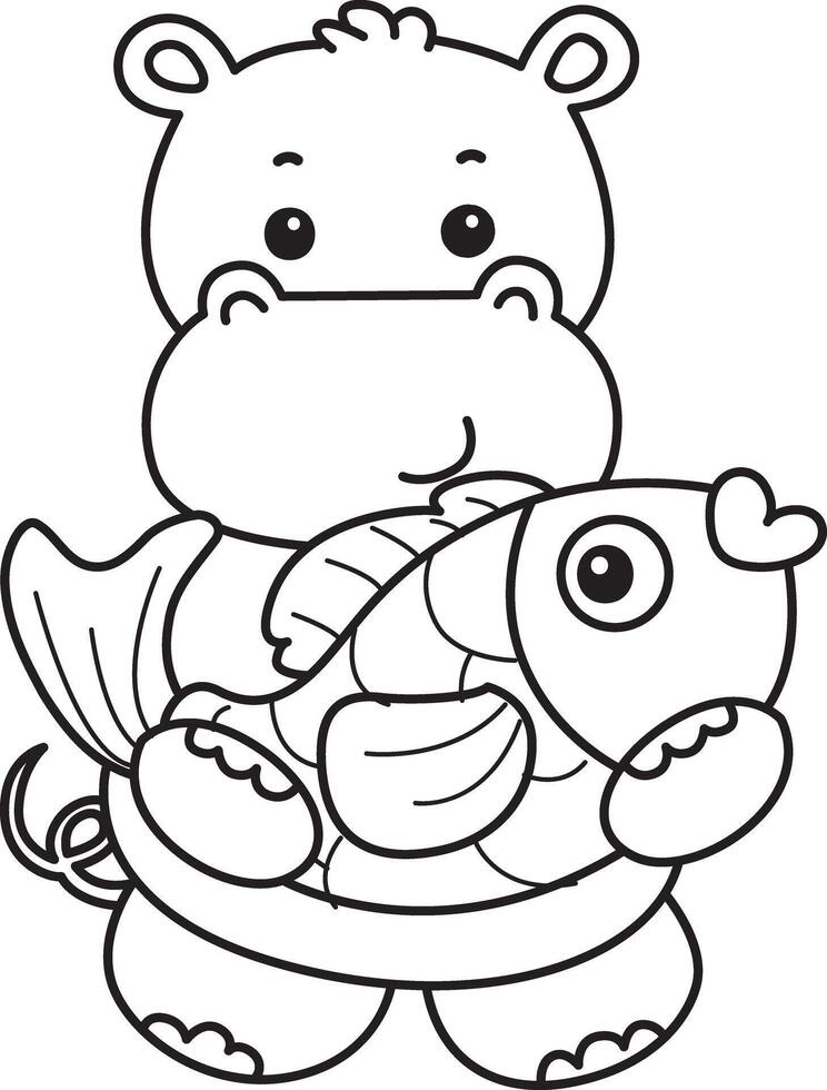 Outline of hippo bring a gold fish. Coloring pages of cute hippo icon. vector