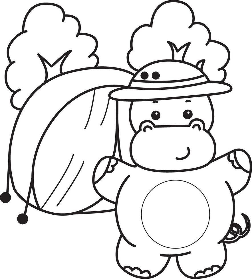 Outline of hippo in the camp. Coloring pages of cute hippo icon. vector