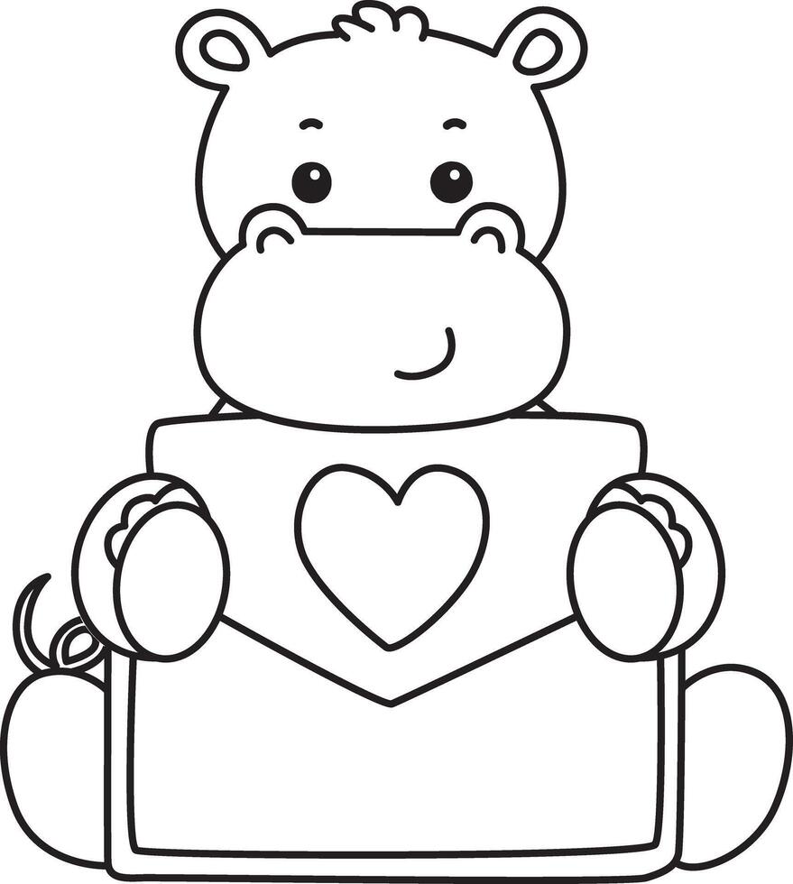 Outline of hippo bring a love letter. Coloring pages of cute hippo icon. vector