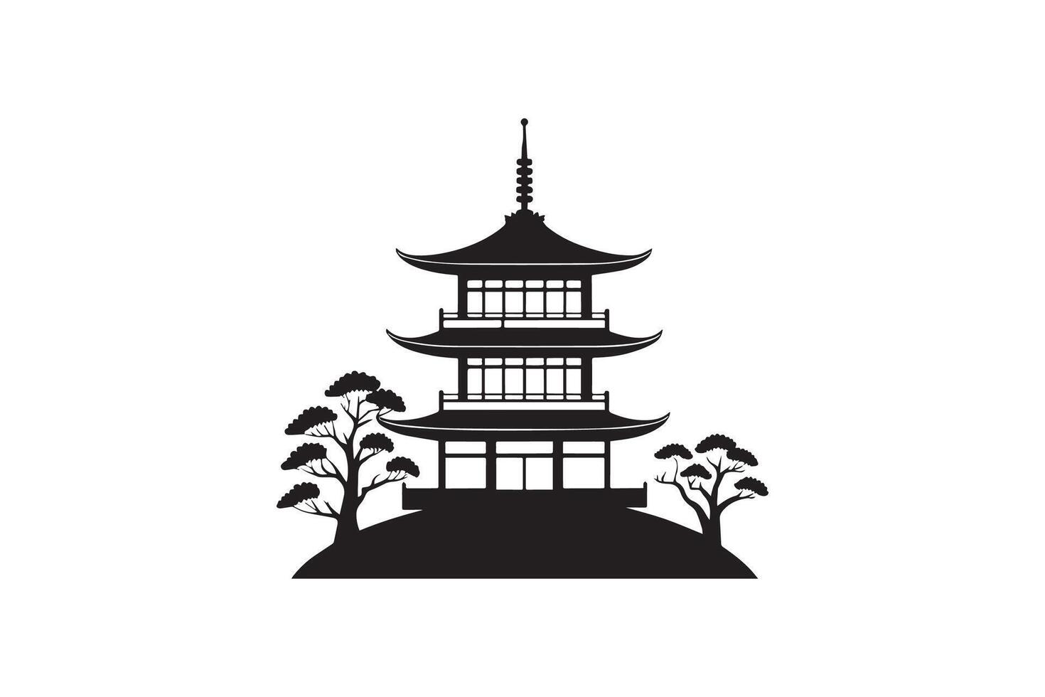 Japanese pagoda on top of hill with trees vector