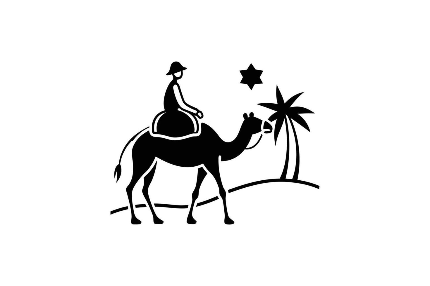 A black and white image of a man riding a camel vector