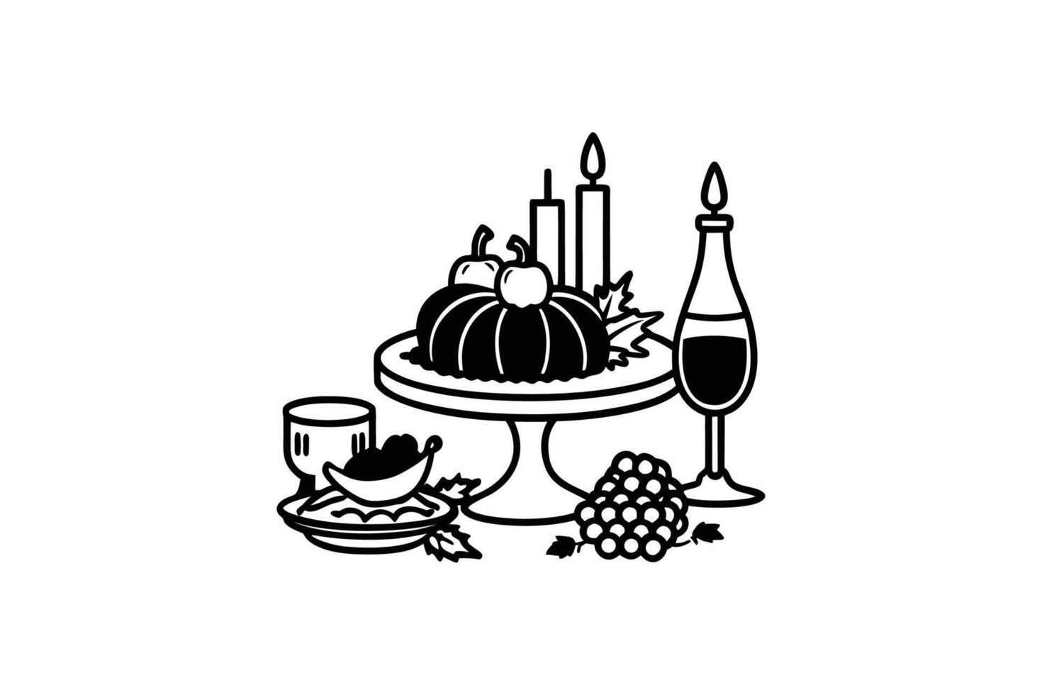 Thanksgiving Feast Table Silhouette with Pumpkins Candles Wine and Grapes vector