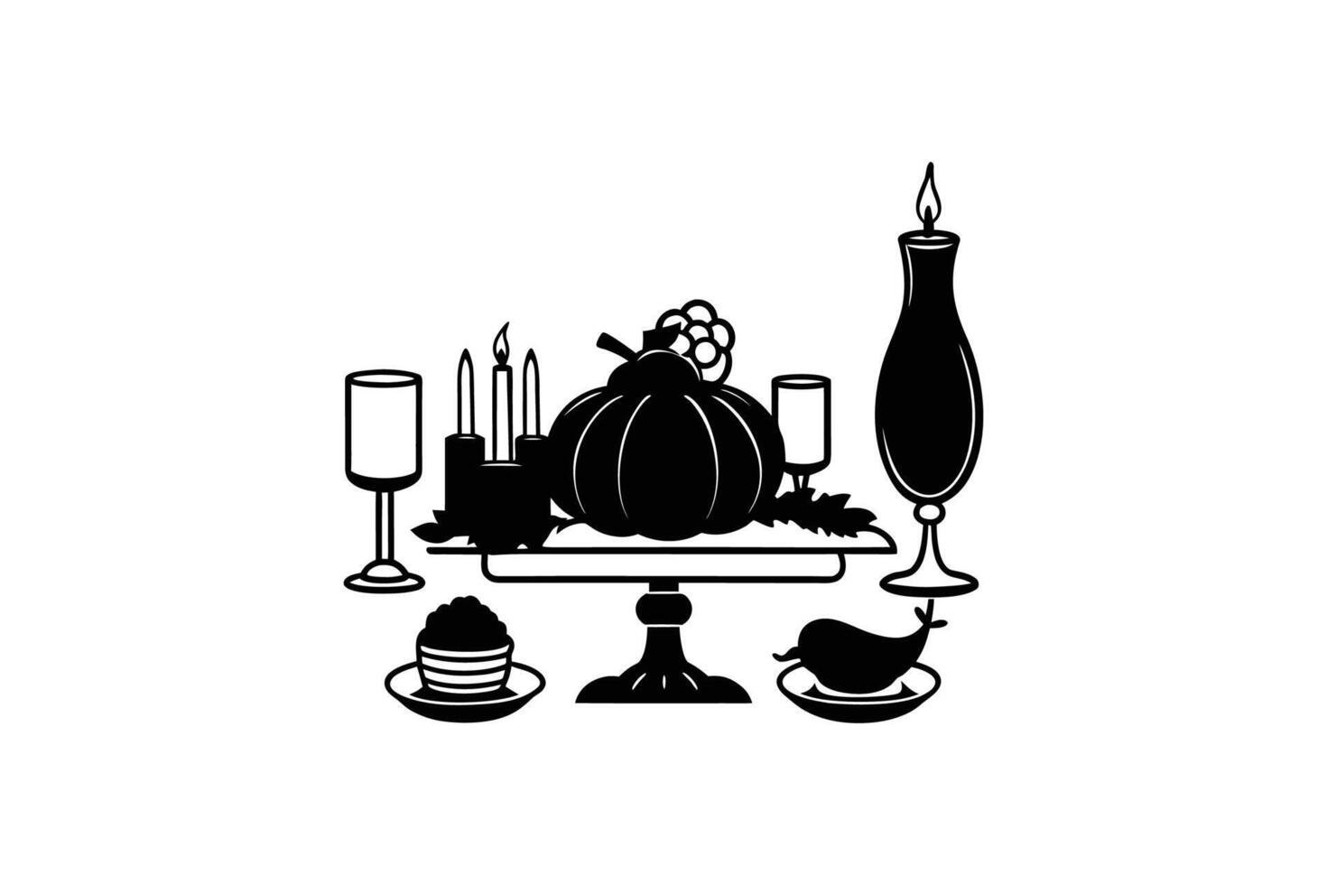 Festive Thanksgiving Table Setting with Pumpkin and Candles Silhouette vector