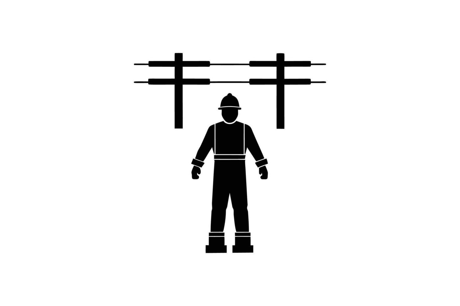 Lineman Standing Underneath Power Lines in Silhouette Style on White Background for Utility and Electrical Concepts silhouette vector