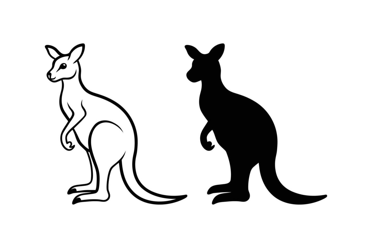 Kangaroo Outline and Silhouette Illustration on White Background vector
