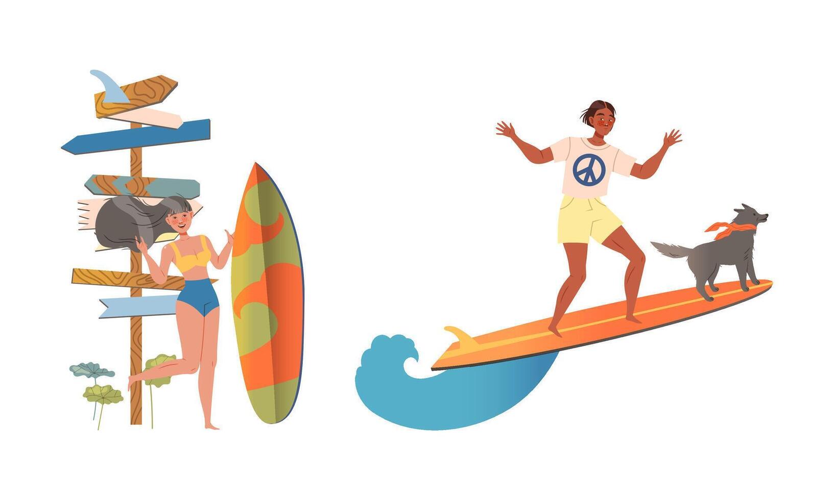 People with surfboards set. Surfers riding ocean or sea waves cartoon illustration vector