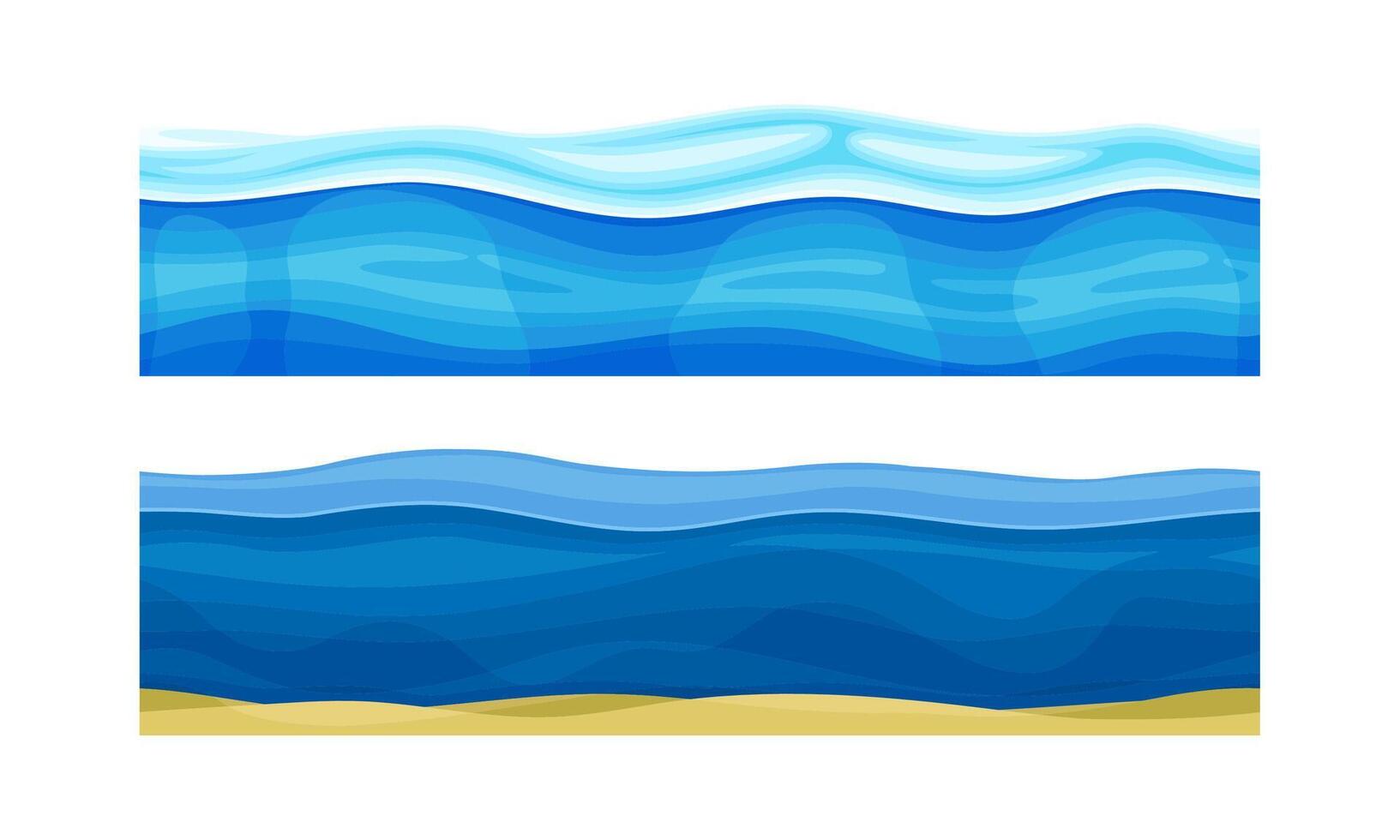 Ocean or sea water waves set. Blue seamless water surface with ice illustration vector