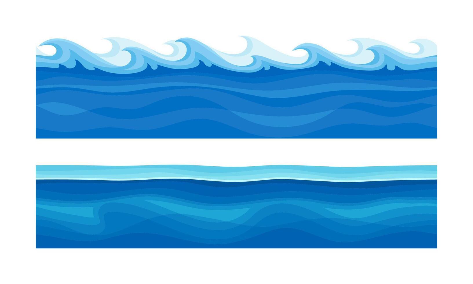 Ocean or sea water waves set. Blue seamless water surface with ice and curved waves illustration vector