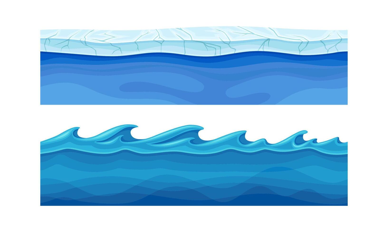 Water waves set. Blue seamless water surface with ice and curved waves illustration vector